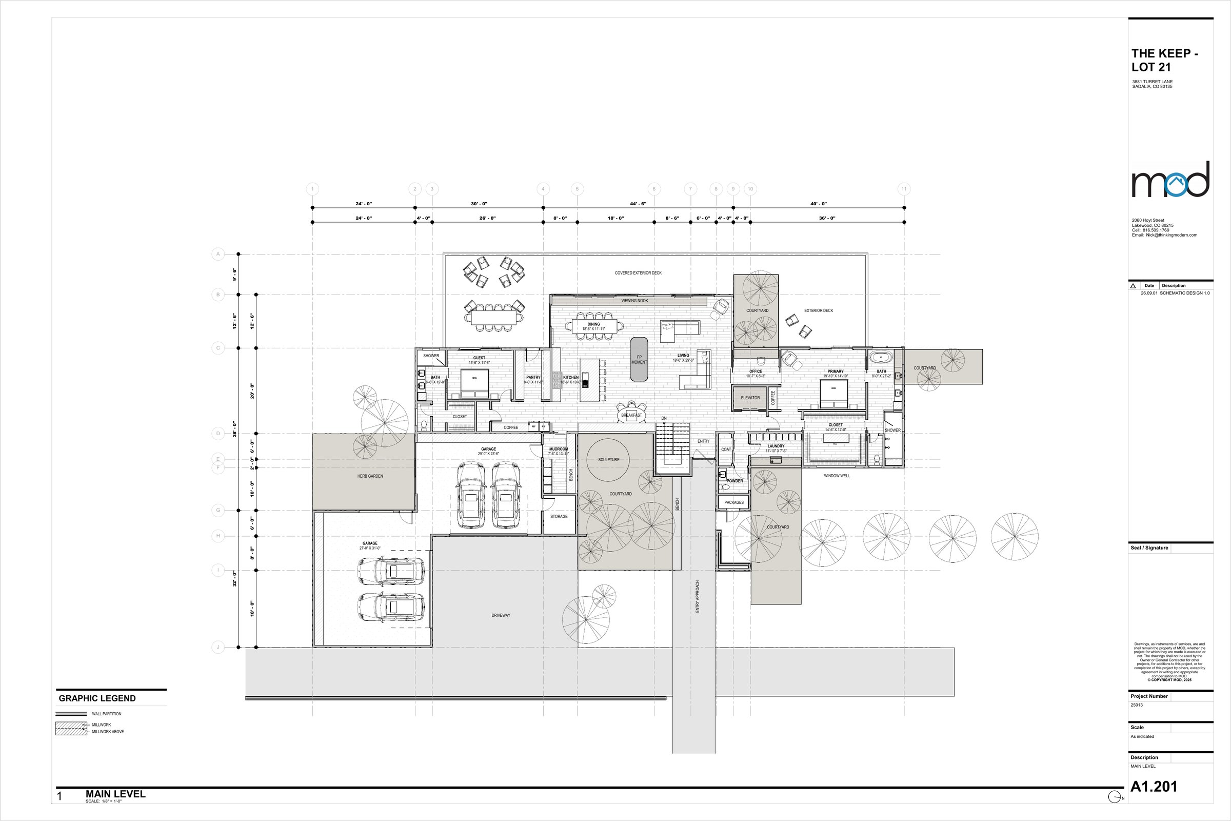 Main level floor plan, sheet A1.201, showing the living room, dining, kitchen, primary suite, guest suite, courtyards, and garages.